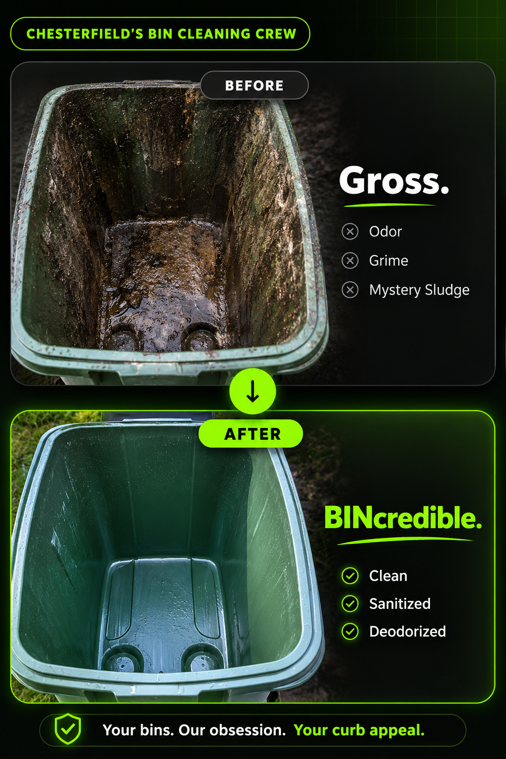 Before and after trash bin cleaning showing a dirty bin and a freshly cleaned bin